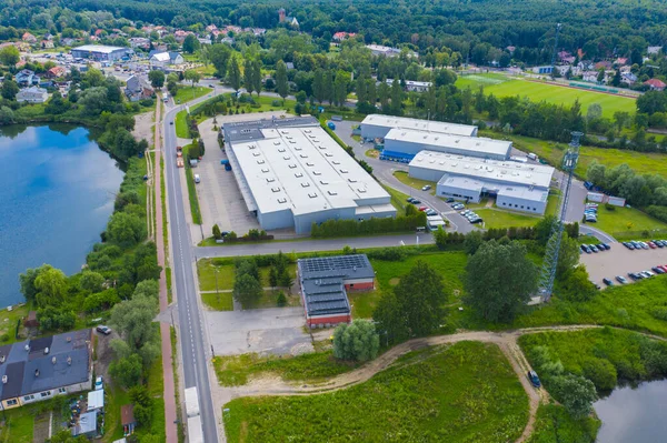 Uitzicht Vanuit Lucht Modern Magazijn Met Zonnepanelen Het Dak Logistiek — Stockfoto