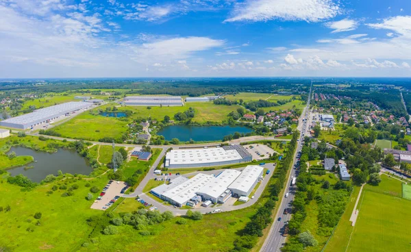 Luchtfoto Van Goederenmagazijn Logistiek Centrum Industriële Stedelijke Zone Van Bovenaf — Stockfoto