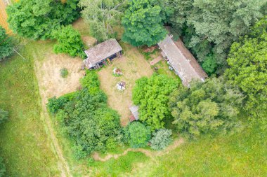 Ormandaki tenha kulübenin havadan görünüşü. Ormandaki ahşap kulübe Yukarıdan bak.