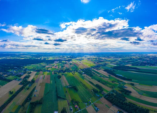 Panoramic Aerial vast green field view - Agriculture field aerial photo - Green landscapes drone photo