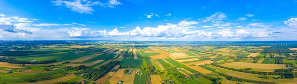 Panoramic Aerial View Idyllic Rolling Patchwork Farmland Pretty Wooded Boundaries — Stock Photo, Image