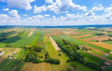 Güneşli bir günde insansız hava aracıyla Meadow 'a uçarken çekilmiş güzel panoramik hava manzaralı bir fotoğraf. Yukarıdan güzel bir kırsal arka plan.. 