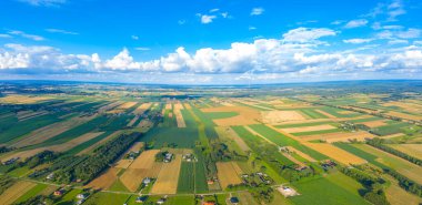Kırsal, köy, yeşil tarlalar ve ağaçların insansız hava aracı çarpıcı hava manzarası, tarım kavramı.