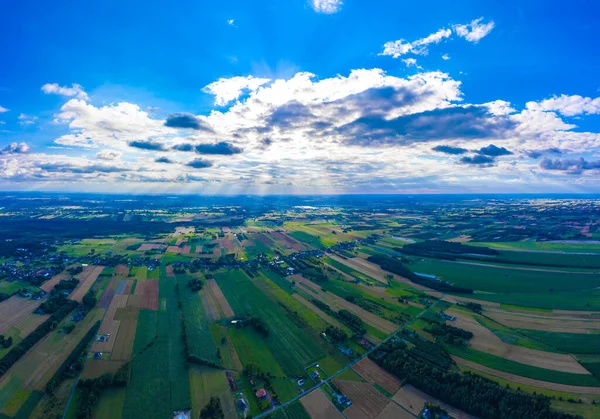 Panoramautsikt Över Idyllisk Rullande Lapptäcke Jordbruksmark Med Vackra Skogsklädda Gränser — Stockfoto