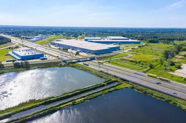 Aerial Shot Industrial Loading Area Many Trucks Unloading Merchandise — Stock Photo, Image