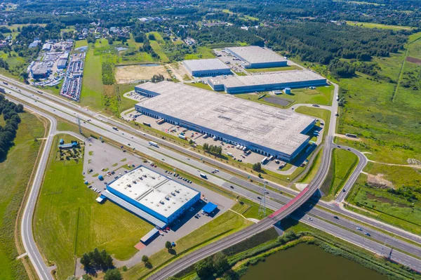 Aerial Shot Industrial Loading Area Many Trucks Unloading Merchandise — Stock Photo, Image