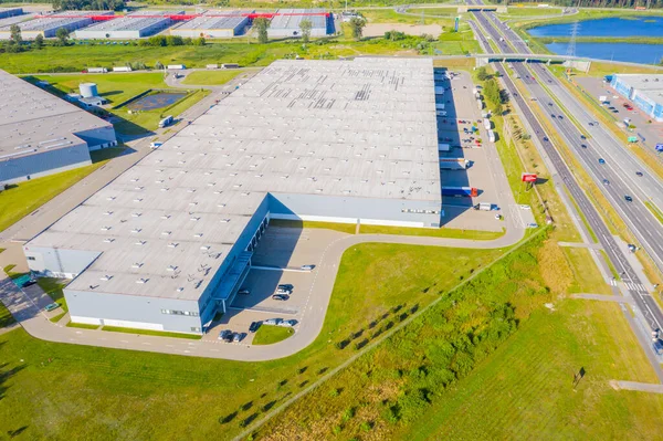 Vista Aérea Del Área Construcción Almacenamiento Industrial Con Paneles Solares — Foto de Stock