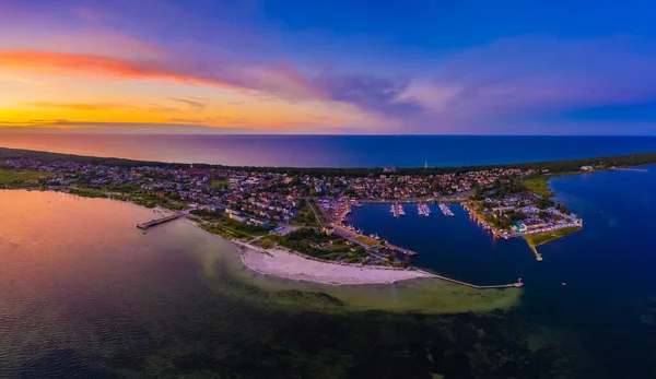 Beautiful Panorama color sky, sunset by the Baltic Sea, Jastarnia, Poland. Harbor. Aerial View