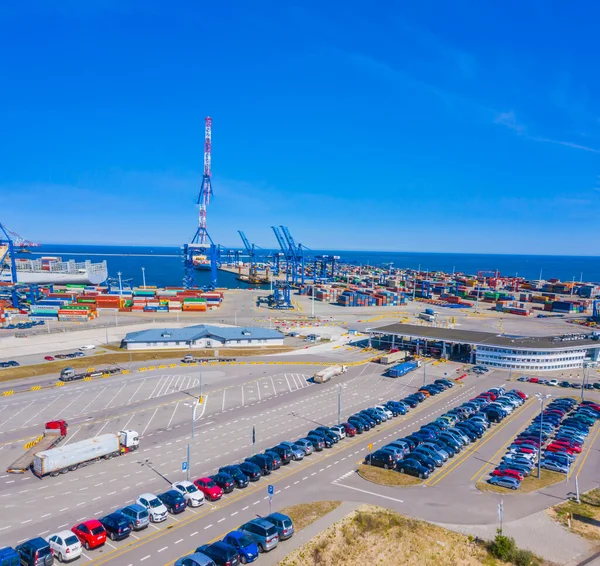 Vista Superior Aérea Navio Carga Contêiner Esperando Para Carregamento Importação — Fotografia de Stock