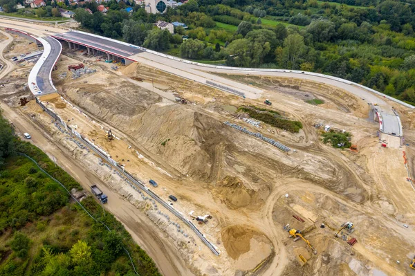 aerial top view of road construction site. building of new city highway. drone image. new road construction site
