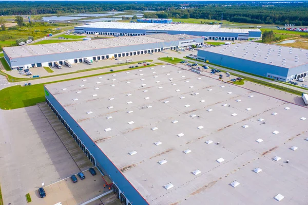 Vista Aérea Drone Grupo Grandes Armazéns Industriais Modernos Edifícios Fábrica — Fotografia de Stock