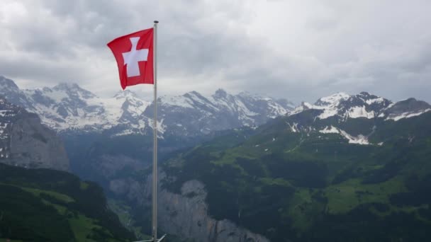 Alpler'de çırpınan İsviçre bayrağı — Stok video