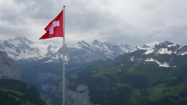 Schweiziska flaggan fladdrar i Alperna — Stockvideo