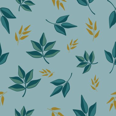 Yapraklı kusursuz desen. Mavi arka planda yeşil ve altın yapraklar. Vektör çizimi. Kağıt ağ tekstili paketlemek için yazdır