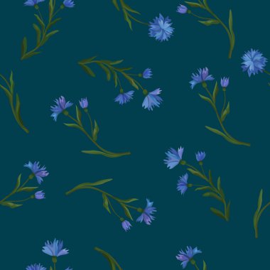 Çiçekli kusursuz bir desen. Mavi ve yeşil renkler. Arka planda çiçekler. Vektör çizimi. Kağıt ağ tekstili paketlemek için yazdır