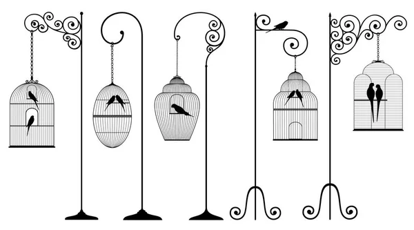 向量集合概述 古色古香 垂悬的鸟笼和国内鸟在黑色在白色背景 — 图库矢量图片