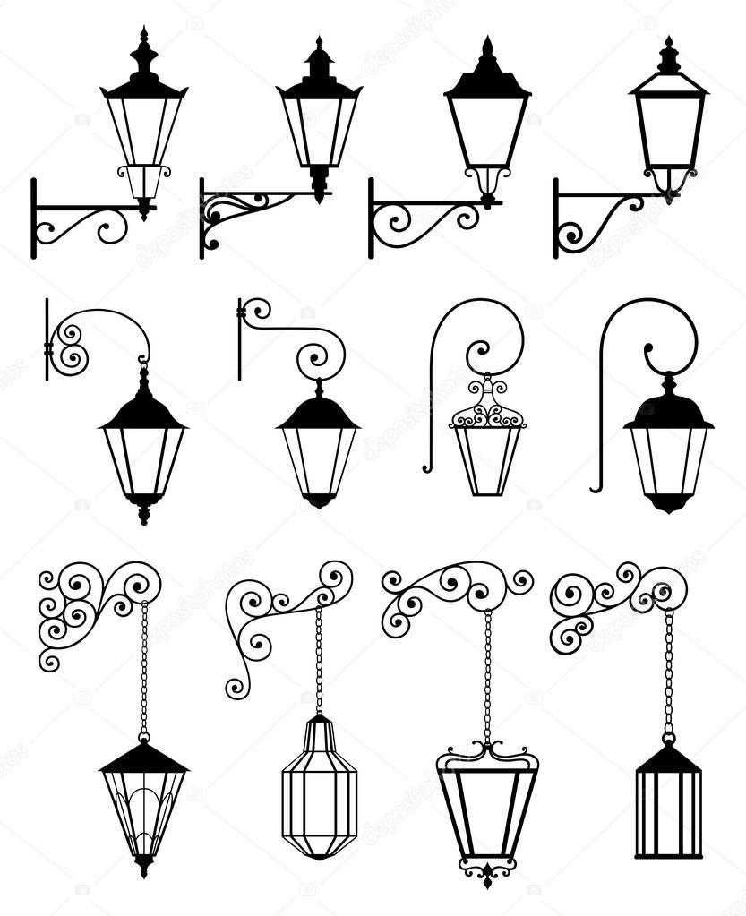 Vector set of outdoor wall lanterns in retro style, in black color, isolated on white background. Wall sticker. Illustration for design.
