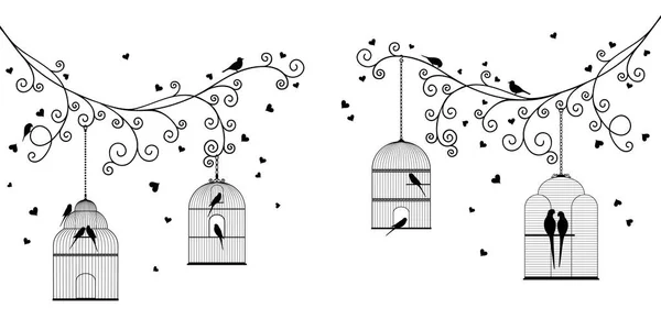 Απεικόνιση Διάνυσμα Από Σγουρά Ανθωτά Κλαδιά Δέντρων Καρδιές Κρεμασμένα Κλουβιά — Διανυσματικό Αρχείο