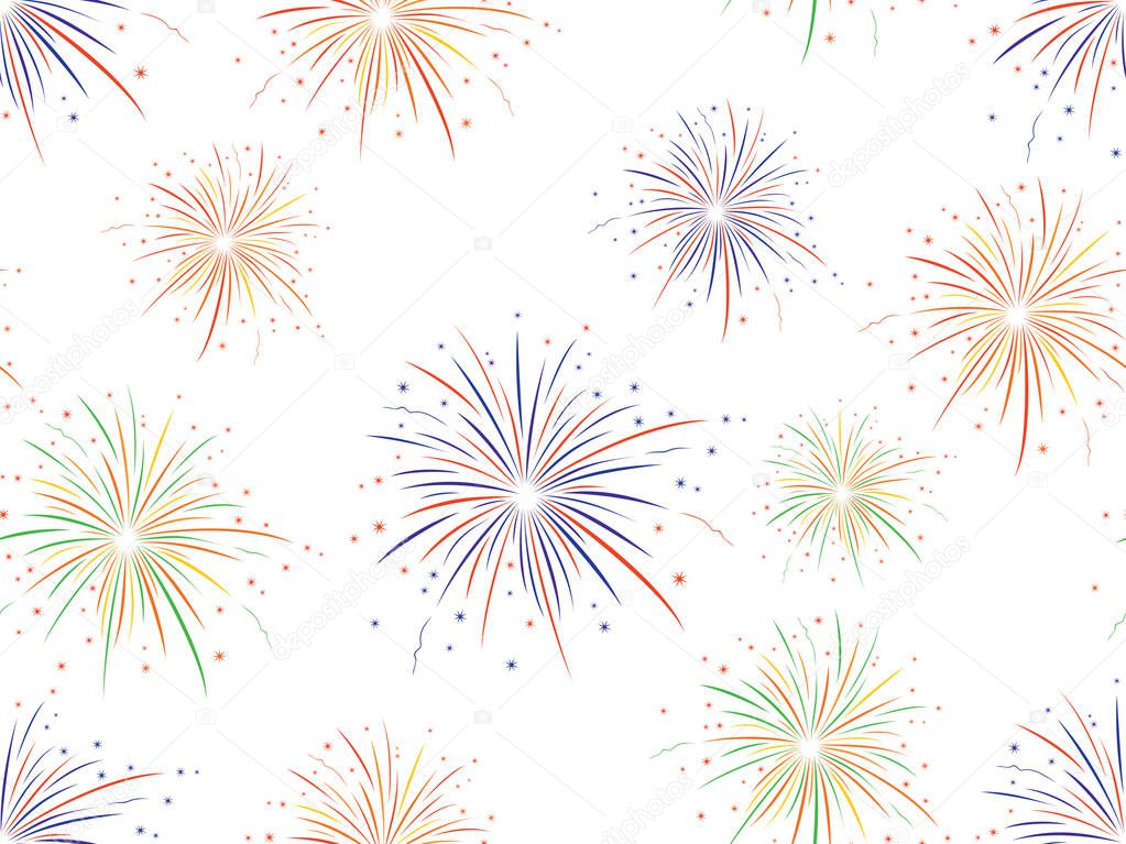 Vector seamless pattern of colorful fireworks on white background. 