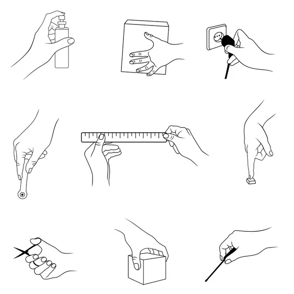 Vector Set Outline Various Hand Actions Gestures Isolated Black Color — Stock Vector