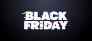 Kara Cuma Süper Satış. Arıza efektli koyu arkaplan metni. Yatay afiş, poster, web sitesi başlığı. vektör illüstrasyonu