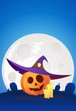 Cadılar Bayramı bayrağı ve Patty davetiyesi. Balkabağı ve ay ile koyu mavi arkaplan