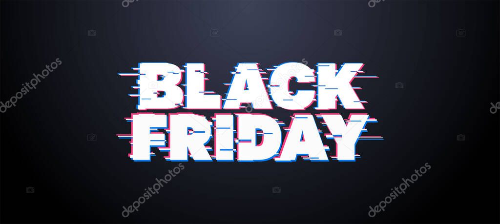 Black Friday Super Sale. Dark background text with glitch lettering effect. Horizontal banner, poster, website header. vector illustration