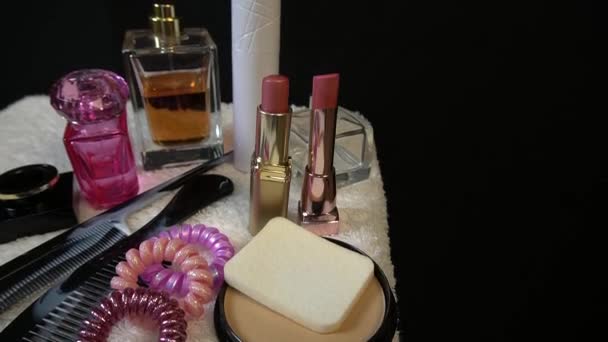 Női Kozmetikumok Készlete Ápoláshoz Szépséghez — Stock videók