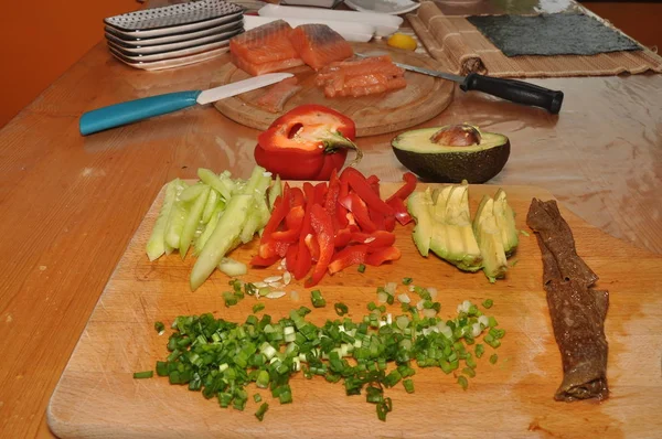 Sushi Läcker Måltid Med Fisk Ris Och Kosttillskott Tillagad Hemmet — Stockfoto