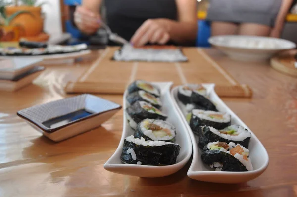 Sushi Delicious Meal Fish Rice Supplements Prepared Home — Stock Photo, Image