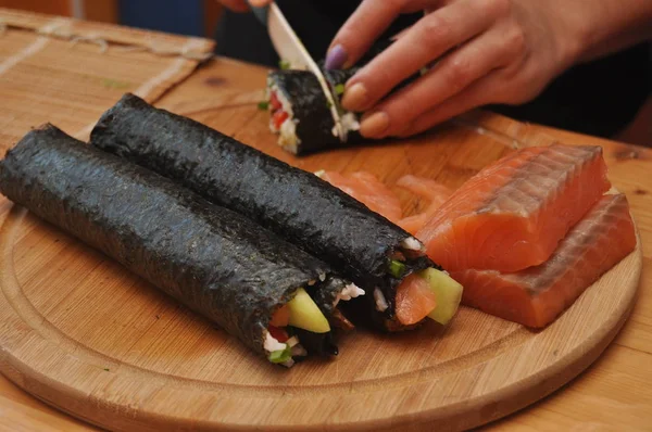 Sushi Delicious Meal Fish Rice Supplements Prepared Home — Stock Photo, Image