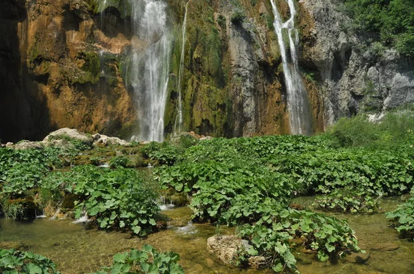 Yüksek Şelale Gölün Içine Kayaların Üzerinden Akan Milli Park Plitvice — Stok fotoğraf