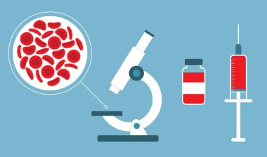 Kırmızı kan hücreleri, mikroskop şırıngası ve şişesi. Kan konsepti. İnsan kan bağışlar. Düz tarzda vektör Illustration.