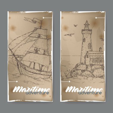 Uzun gemi ve deniz feneri ile iki vintage afiş kroki. Deniz adveture serisi.