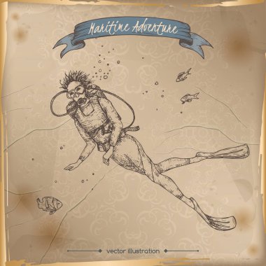 Scuba diver kroki. Deniz adveture serisi.