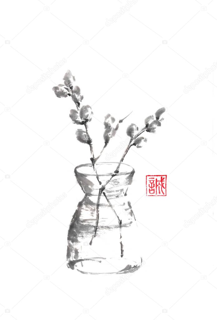 Vase with willow catkins Japanese style sumi-e painting.
