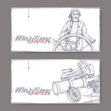 Two landscape banners with old captain and navigational instruments sketch. Maritime adveture series. clipart