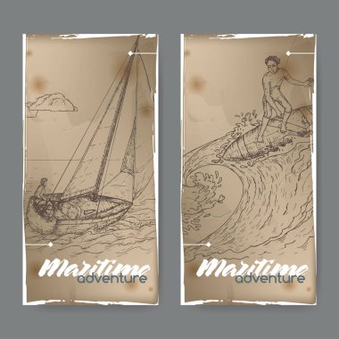Yelkenli ve sörfçü kroki ile iki vintage afiş. Deniz adveture serisi.