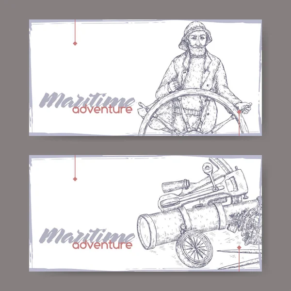 İki yatay afiş eski Kaptan ve seyir aletleri ile kroki. Deniz adveture serisi.