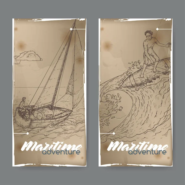 Yelkenli ve sörfçü kroki ile iki vintage afiş. Deniz adveture serisi.