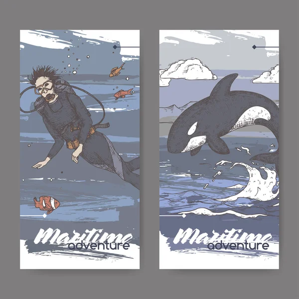 Dois banners vintage colol com mergulhador e esboço de baleia saltitante. Série de aventuras marítimas . —  Vetores de Stock