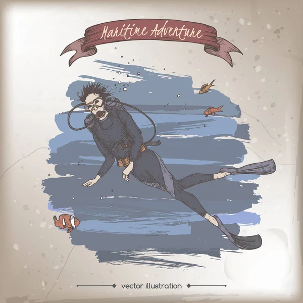 Scuba diver Renk eskiz. Deniz adveture serisi.