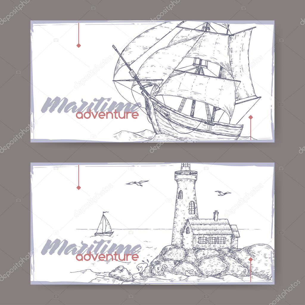 Two landscape banners with tall ship and lighthouse sketch. Maritime adveture series.