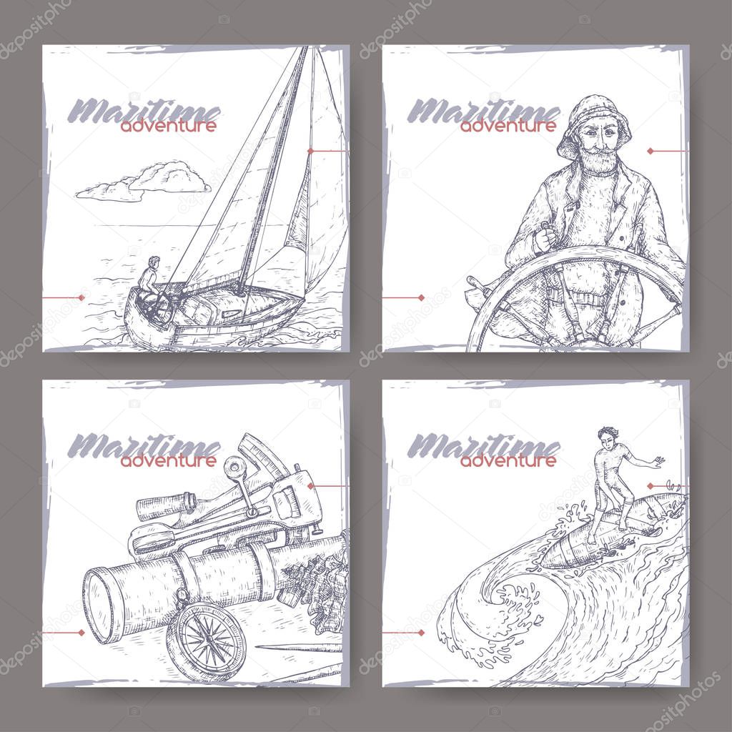 Four banners with old captain, navigational instruments, sailboat and surfer sketch. Maritime adveture series.