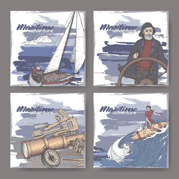 Négy szín bannerek régi kapitány, navigációs műszer, vitorlás és szörfös vázlat. Tengeri Adventure sorozat. — Stock Vector