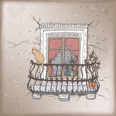 Eski balkon ve kedi renk kroki ile romantik vintage kartı.