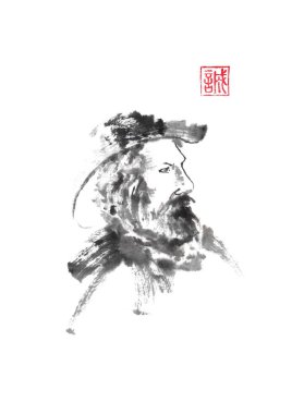 Yaşlı adamın şapka portre Japon tarzı özgün sumi-e mürekkep resim.