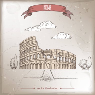 Vintage seyahat illüstrasyon ile Colosseum aka Kolezyum Roma, İtalya.