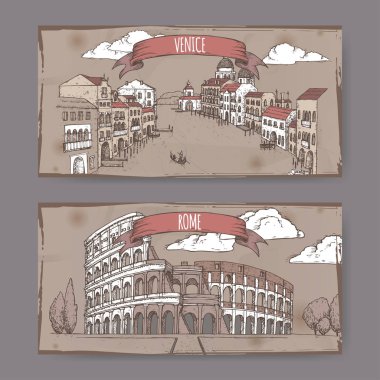İki vintage seyahat afiş Grand Canal Venedik ve Kolezyum Roma, İtalya.