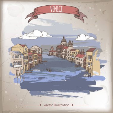 Renk vintage seyahat illüstrasyon ile Grand Canal Venedik, İtalya.